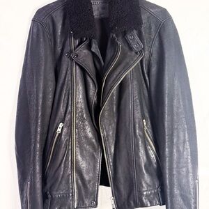 All Saints Black Leather Jacket with Faux Fur collar sz XL